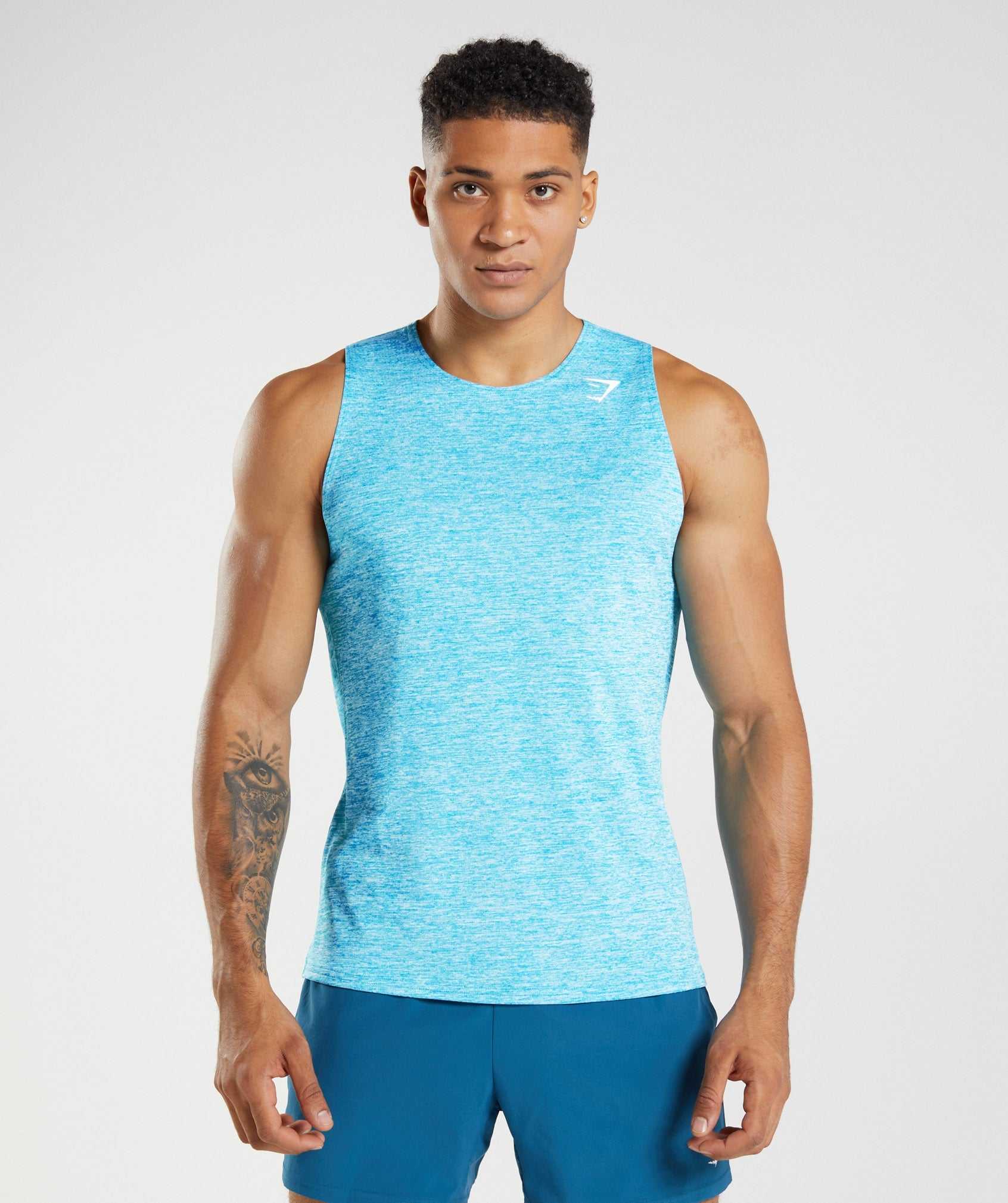 Dark Grey Blue / White Gymshark Arrival Slim Marl Men's Tanks | BXLPYA059