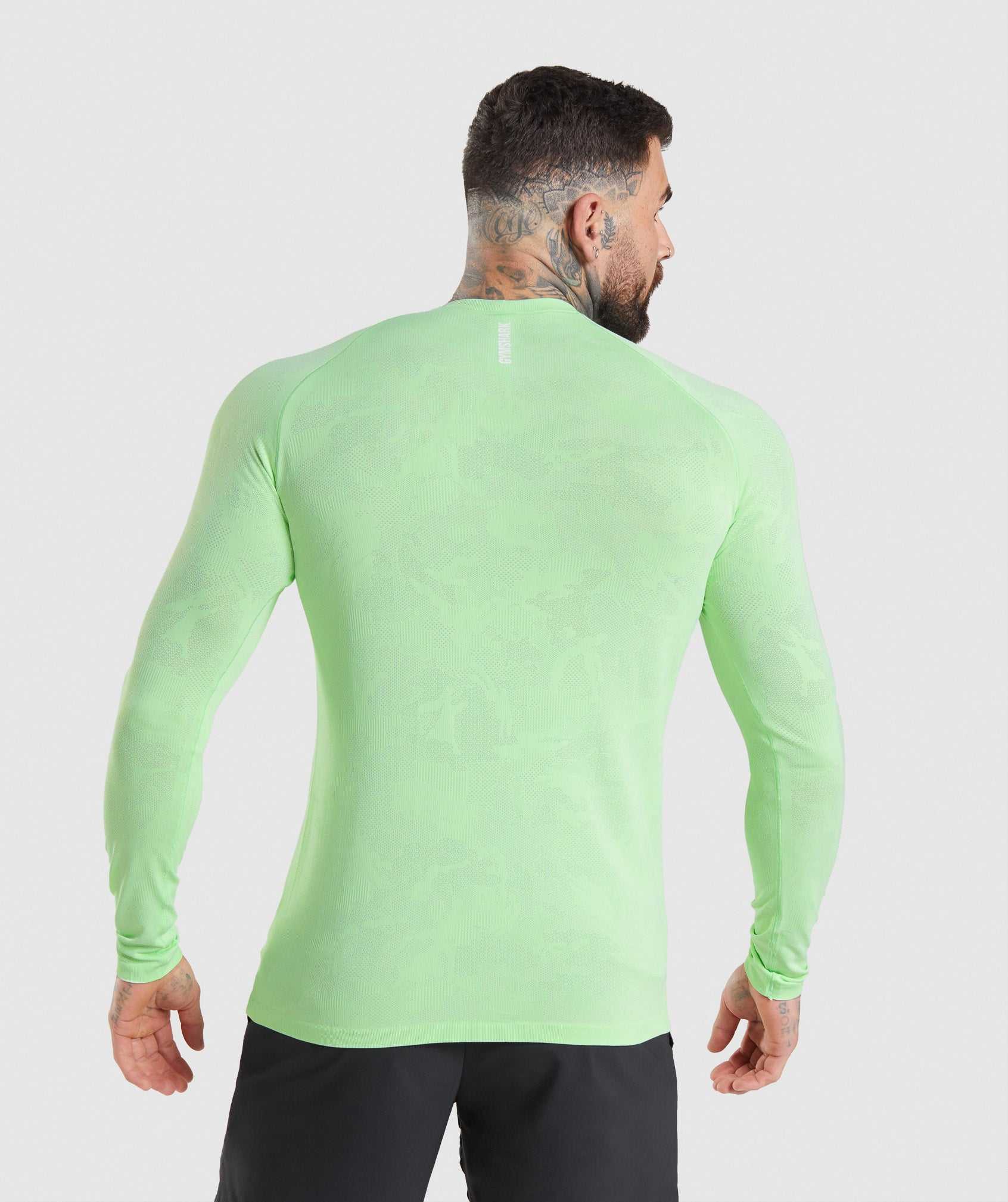 Green / White Gymshark Geo Seamless Long Sleeve Men's T Shirts | DQJIFY375