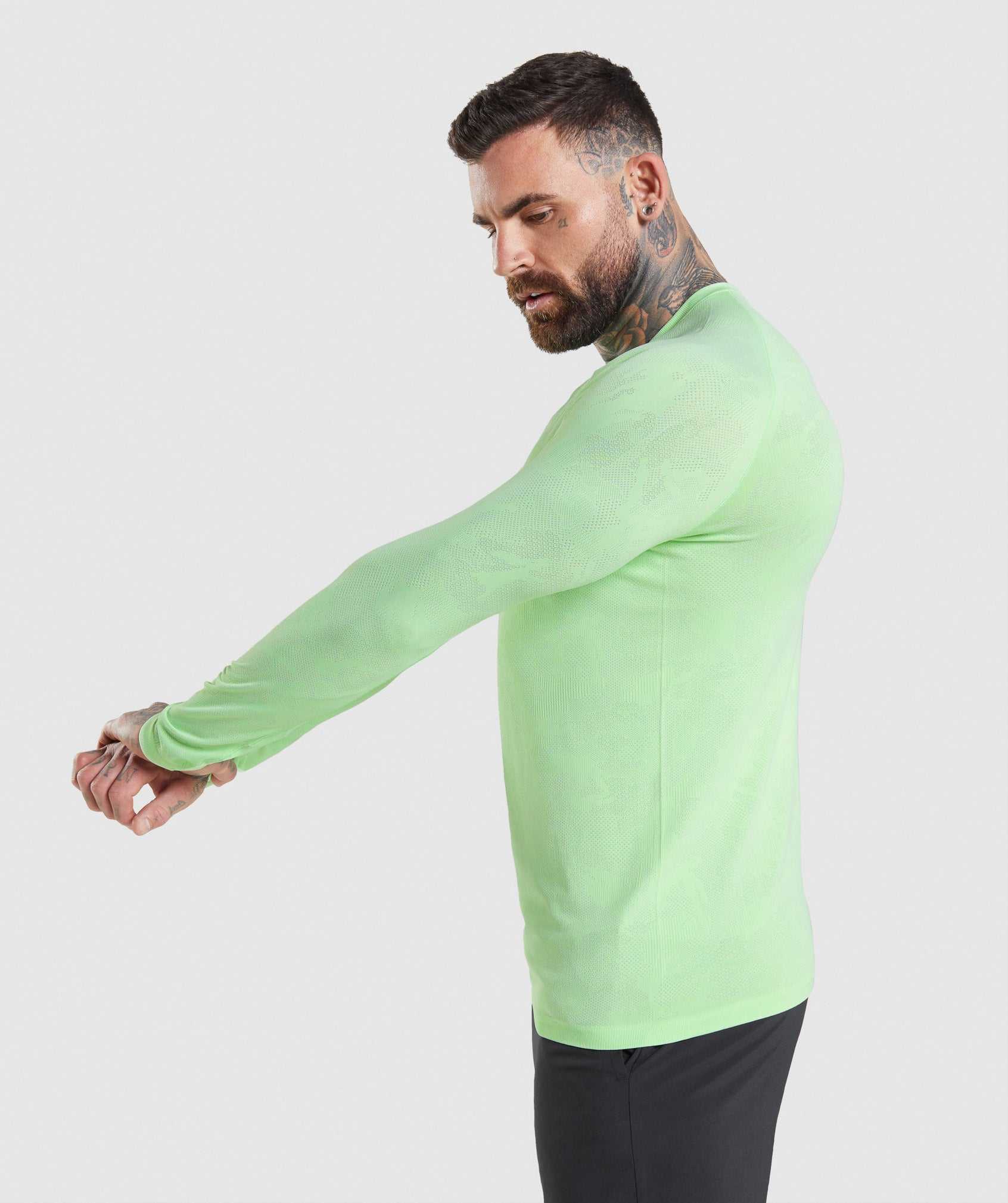 Green / White Gymshark Geo Seamless Long Sleeve Men's T Shirts | DQJIFY375