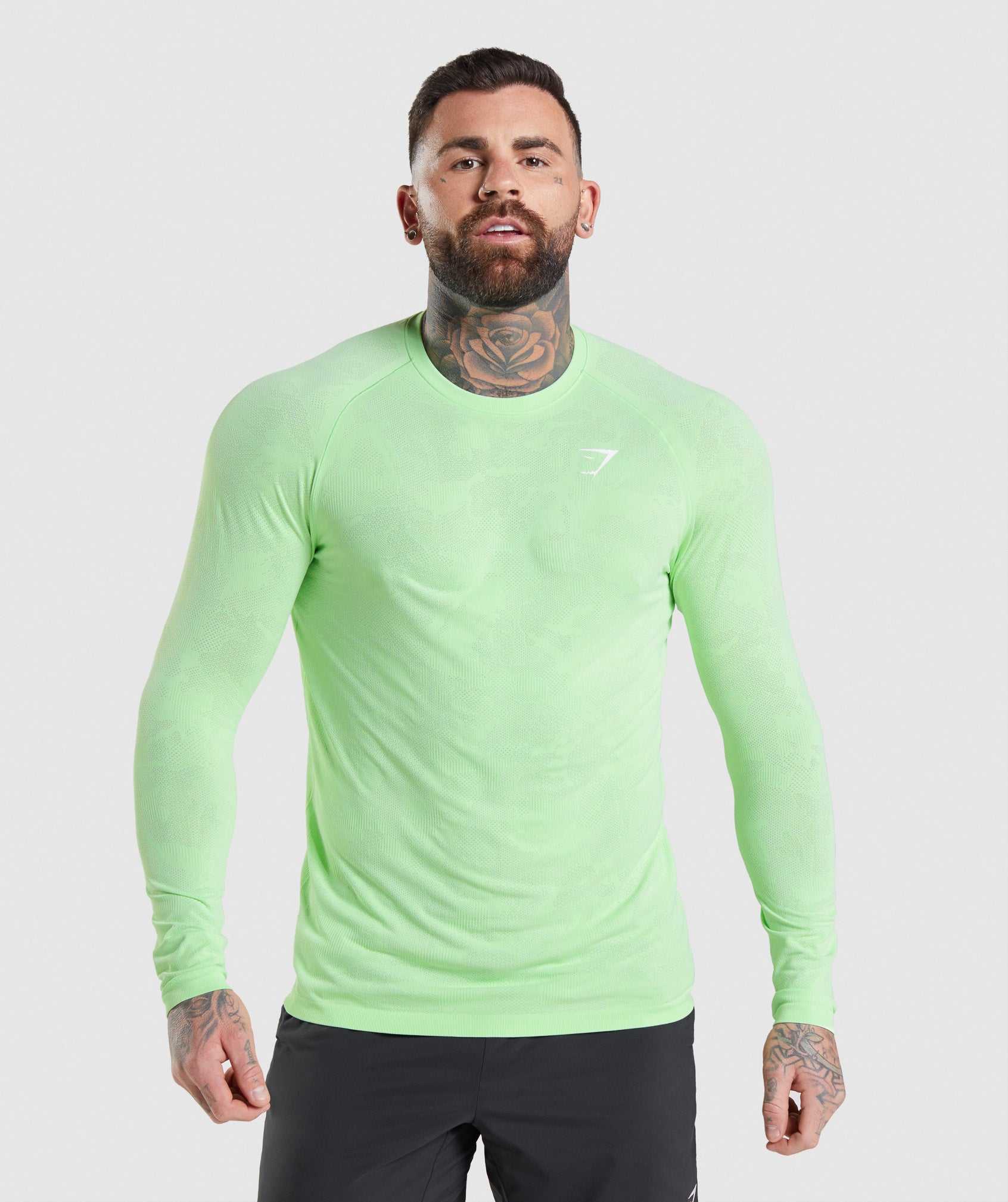 Green / White Gymshark Geo Seamless Long Sleeve Men\'s T Shirts | DQJIFY375