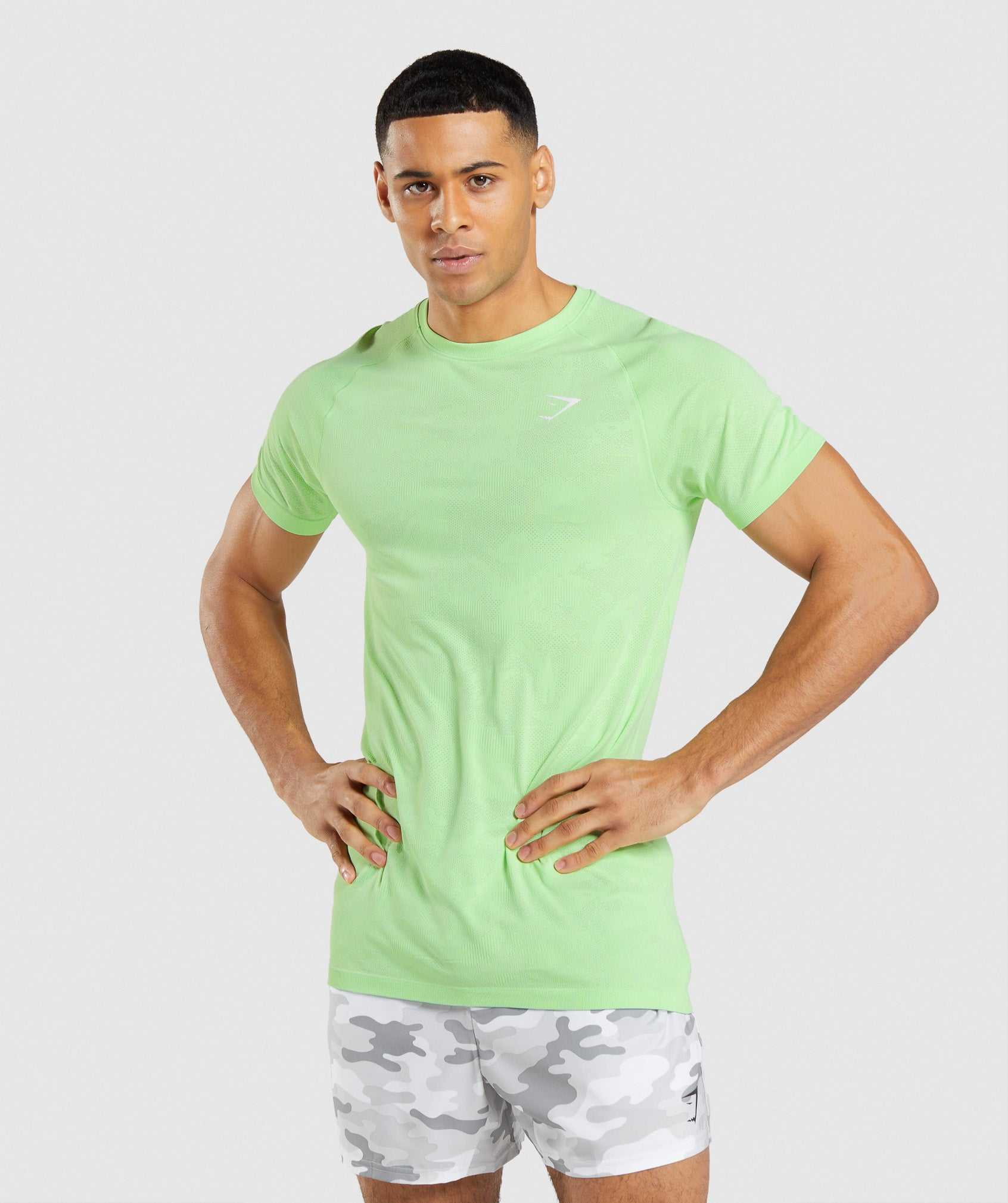 Green / White Gymshark Geo Seamless Men\'s T Shirts | VLEWFN180