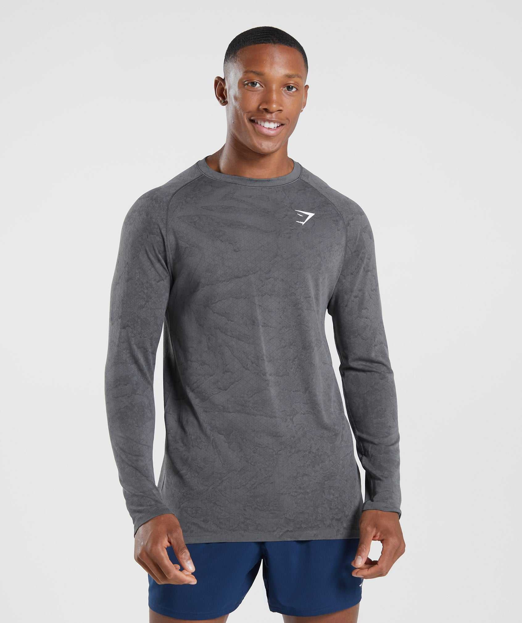 Grey / Black Gymshark Geo Seamless Long Sleeve Men\'s T Shirts | EVLSNB859