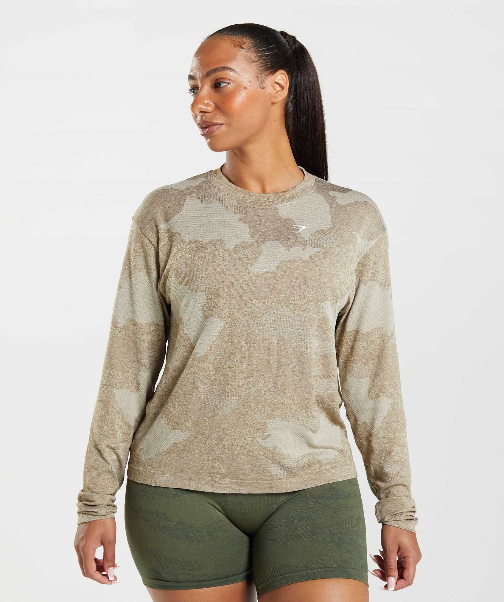 Grey / Brown Gymshark Adapt Camo Seamless Long Sleeve Women\'s Tops | BRWPTS261