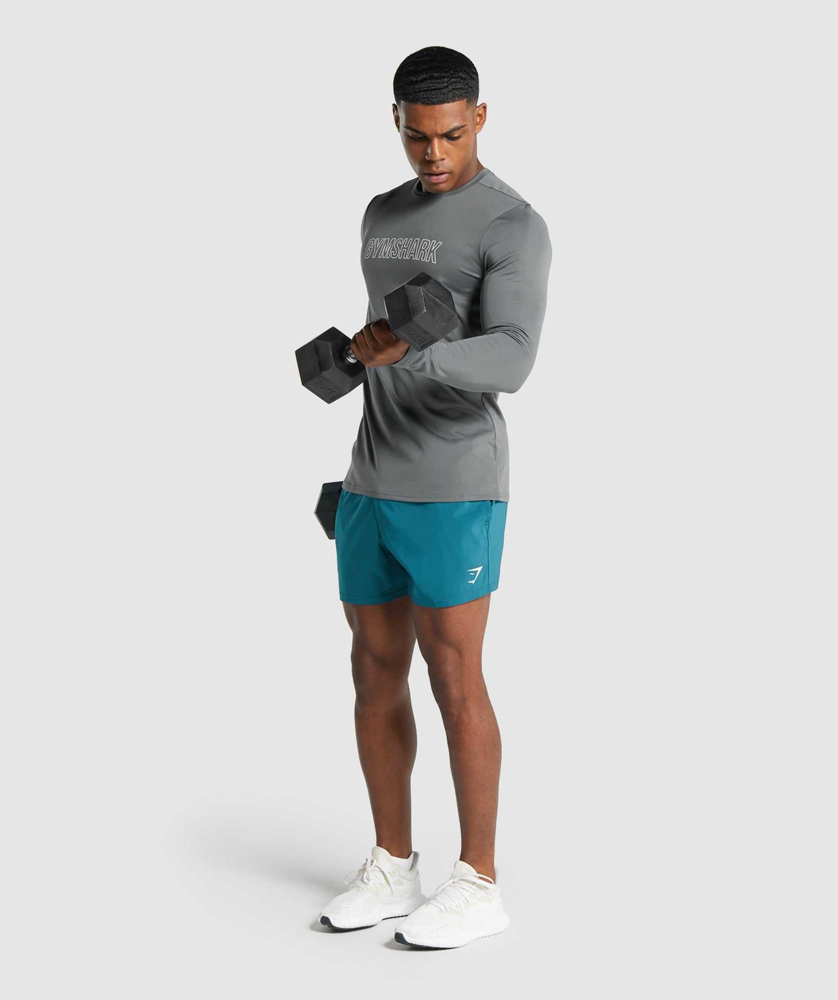 Grey Gymshark Arrival Long Sleeve Graphic Men's T Shirts | KGUDOI435