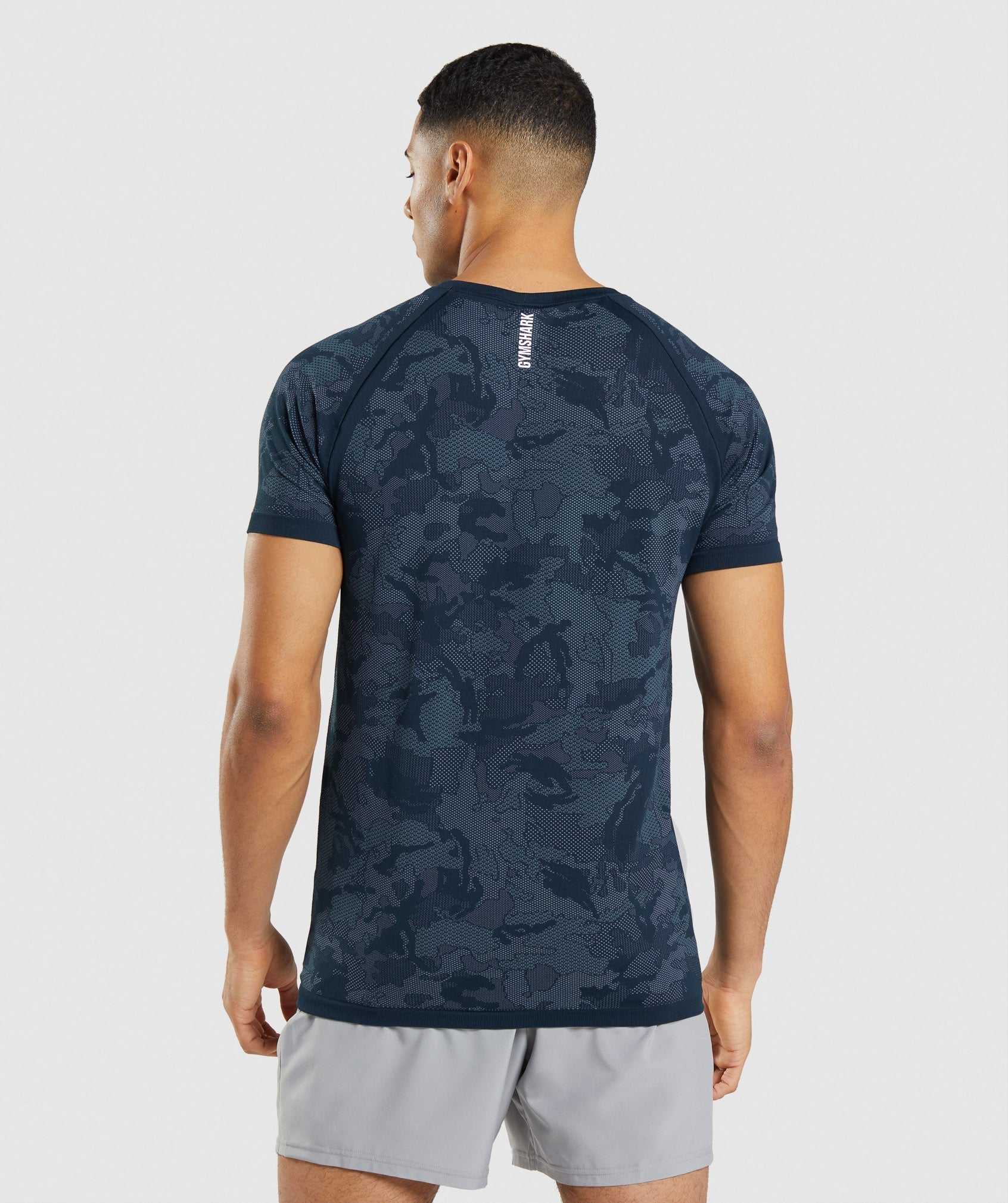 Navy / Blue Gymshark Geo Seamless Men's T Shirts | IKMALR257