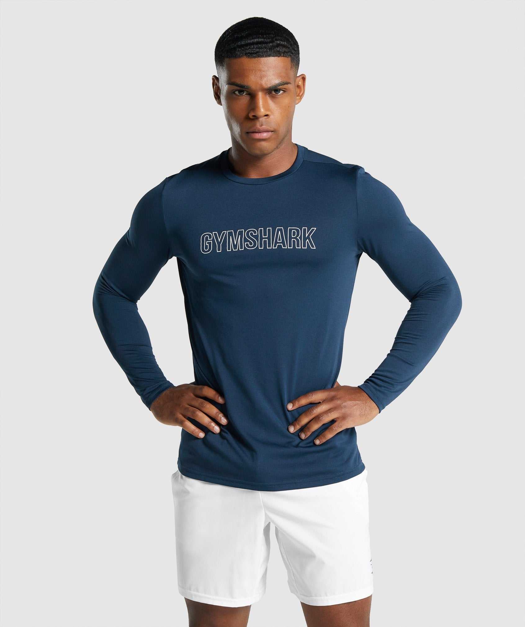 Navy Gymshark Arrival Long Sleeve Graphic Men\'s T Shirts | OLCHUN267