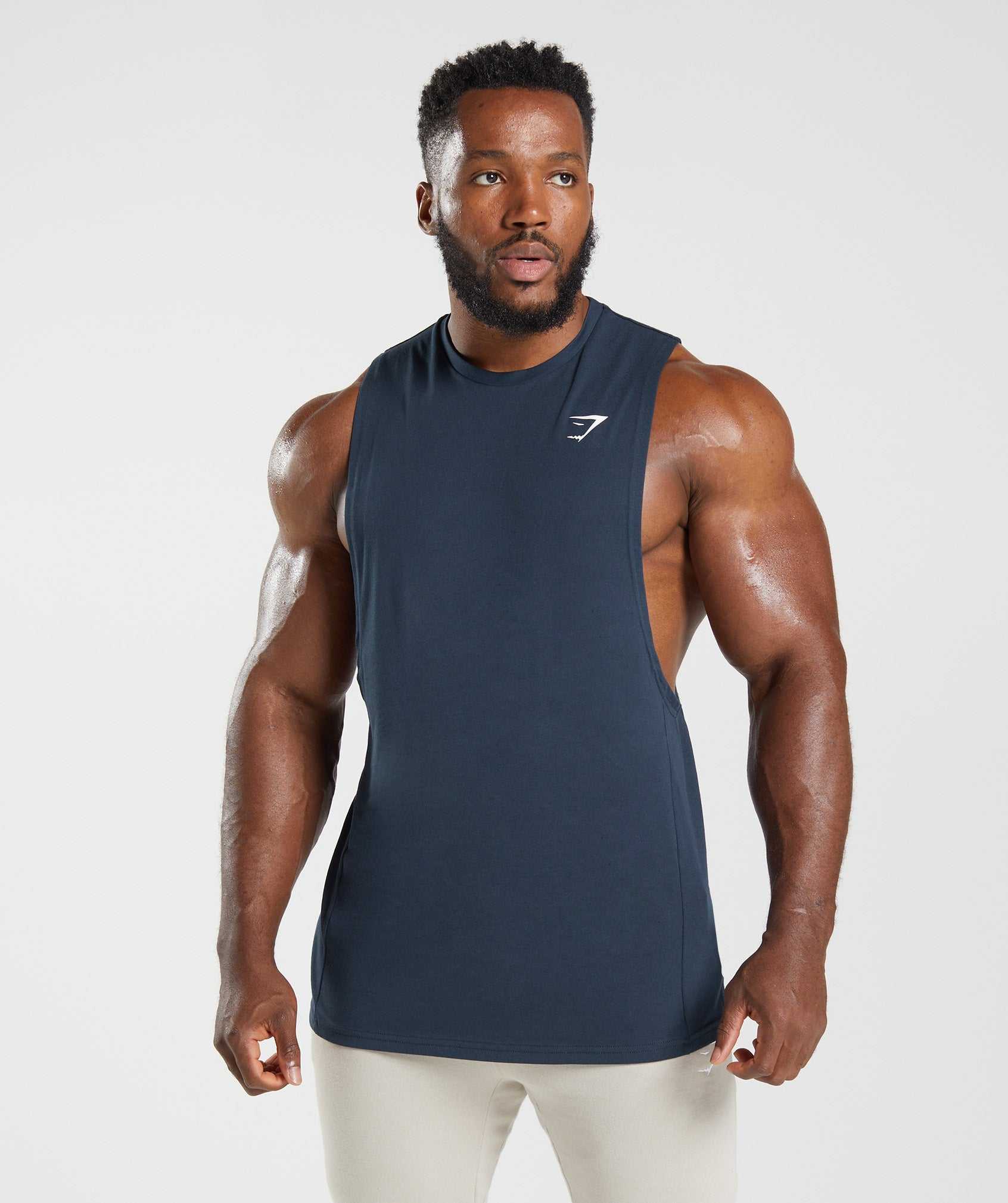 Navy Gymshark React Drop Arm Men\'s Tanks | RVAGUX506