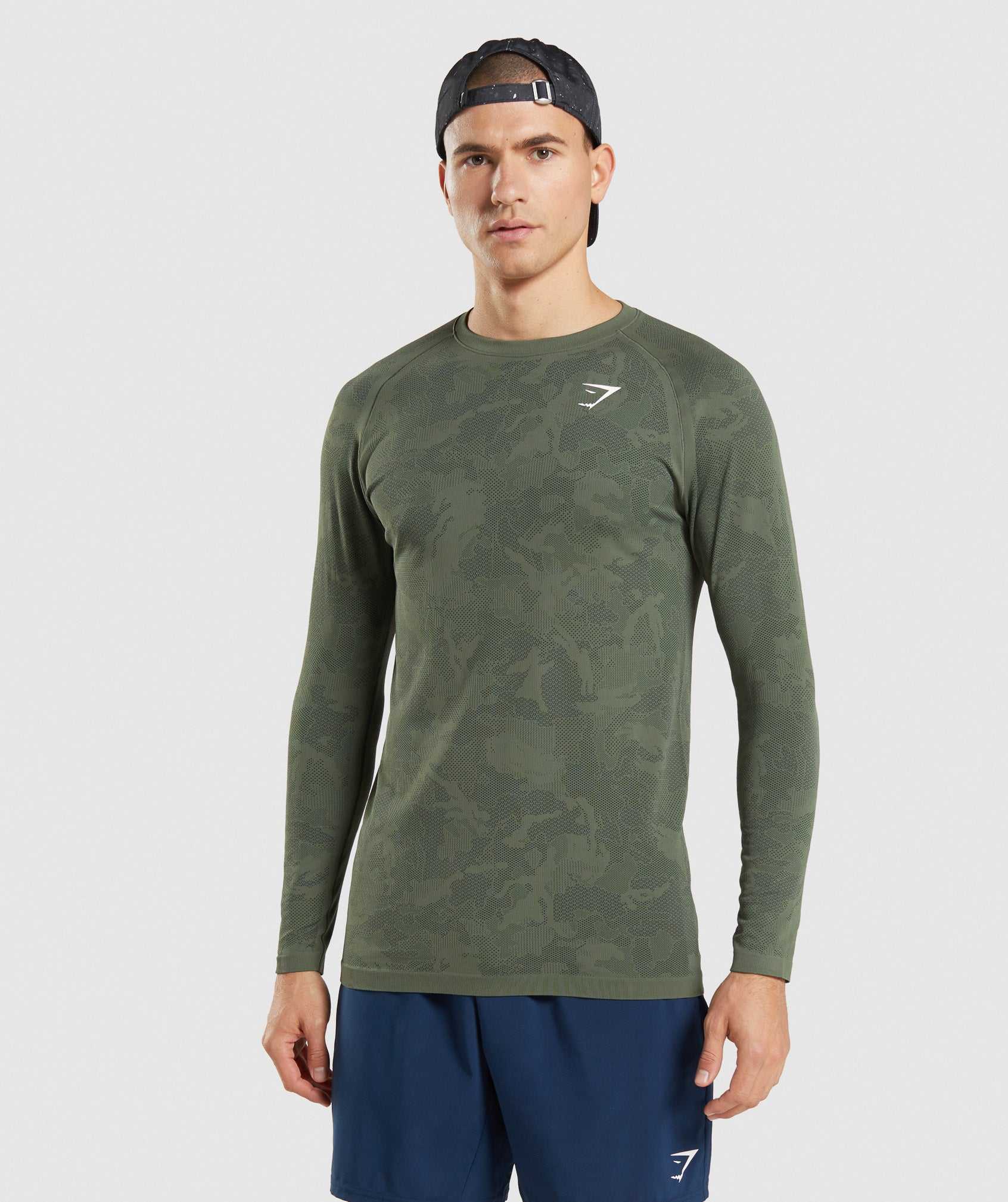 Olive / Black Gymshark Geo Seamless Long Sleeve Men\'s T Shirts | FWIGRN971