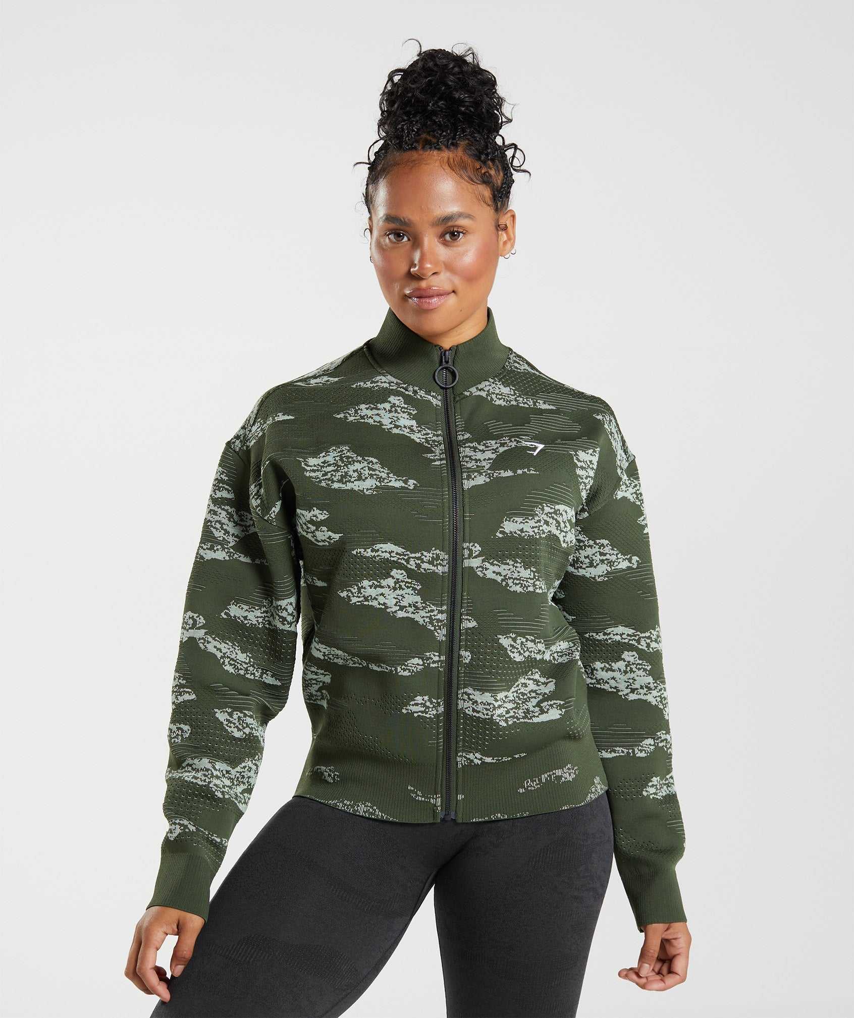 Olive / Green Gymshark Adapt Camo Seamless Track Women\'s Jackets | YDRHOE530