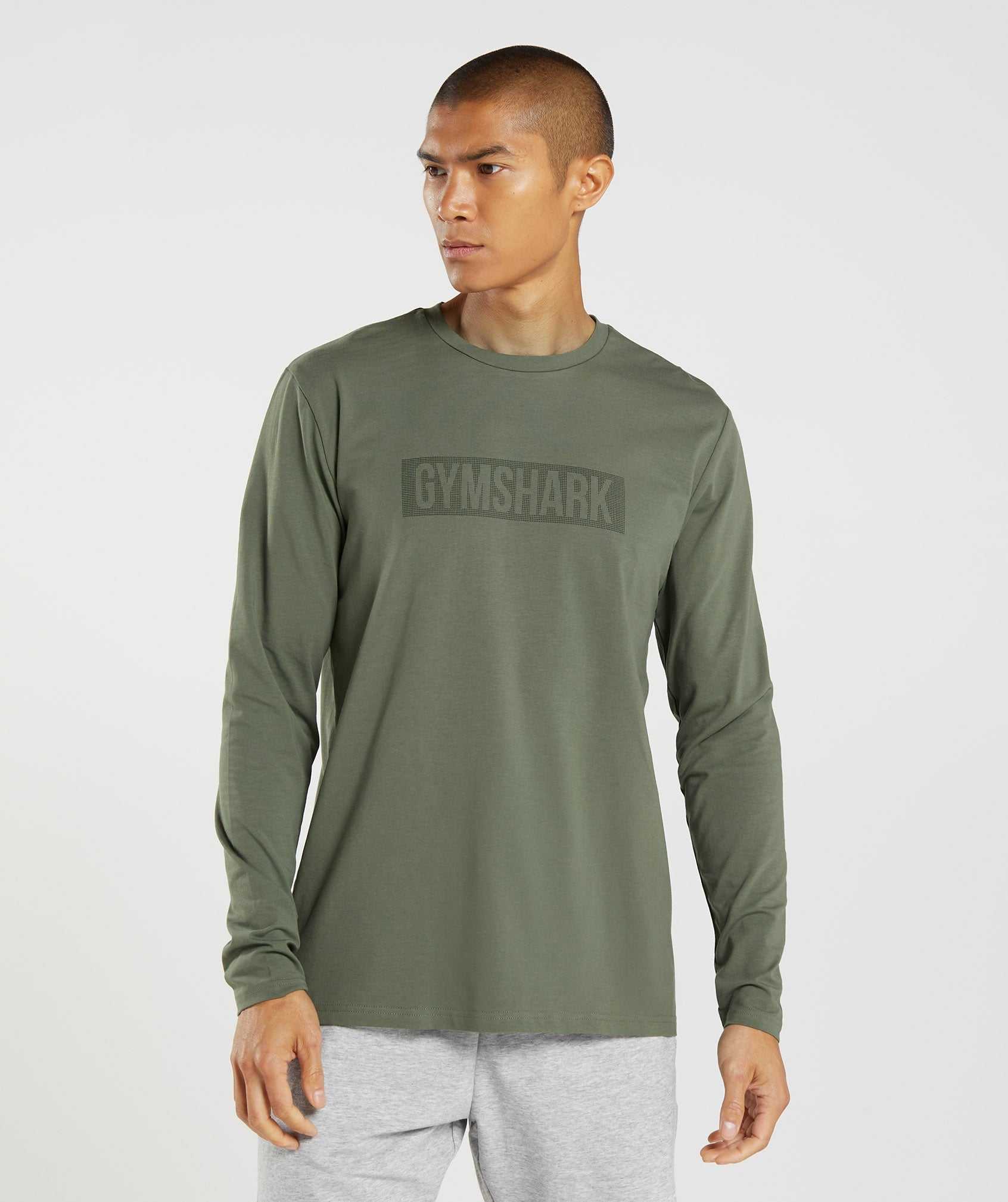 Olive Gymshark Block Long Sleeve Men\'s T Shirts | STXVJA158