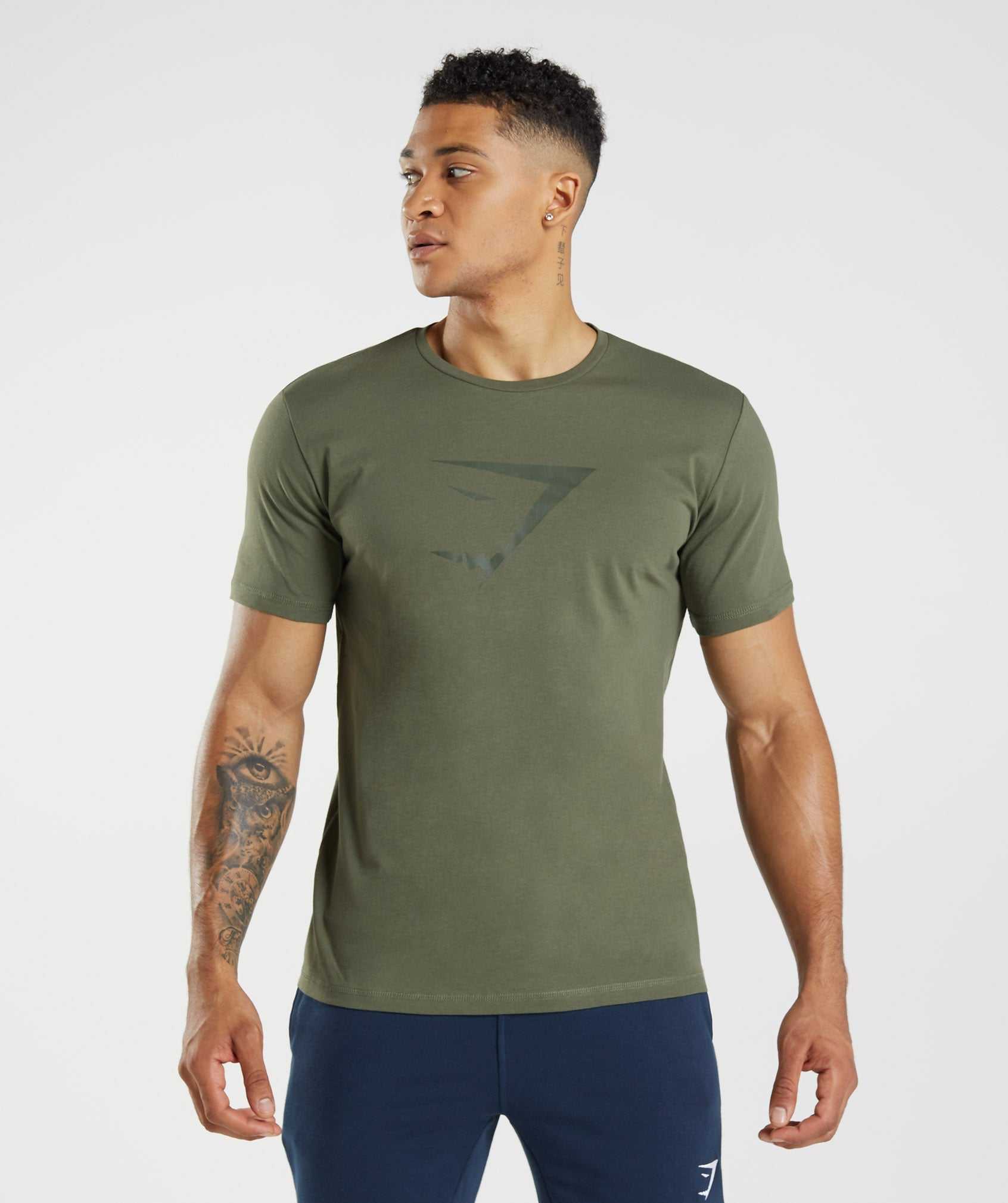 Olive Gymshark Sharkhead Infill Men's T Shirts | SRXDBE893