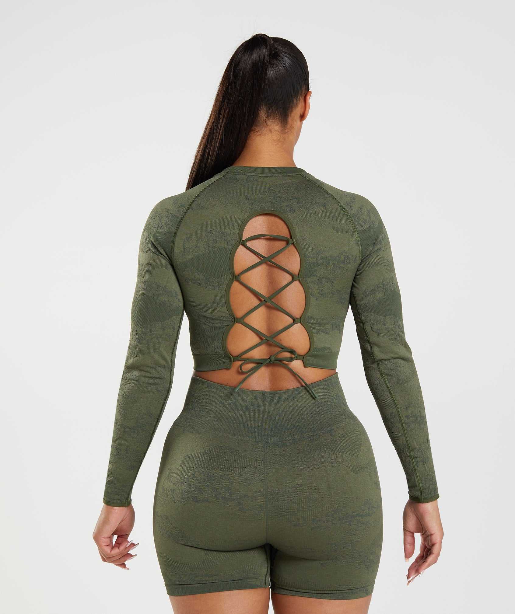 Olive / Olive Gymshark Adapt Camo Seamless Lace Up Back Women's Tops | BGUQLJ743