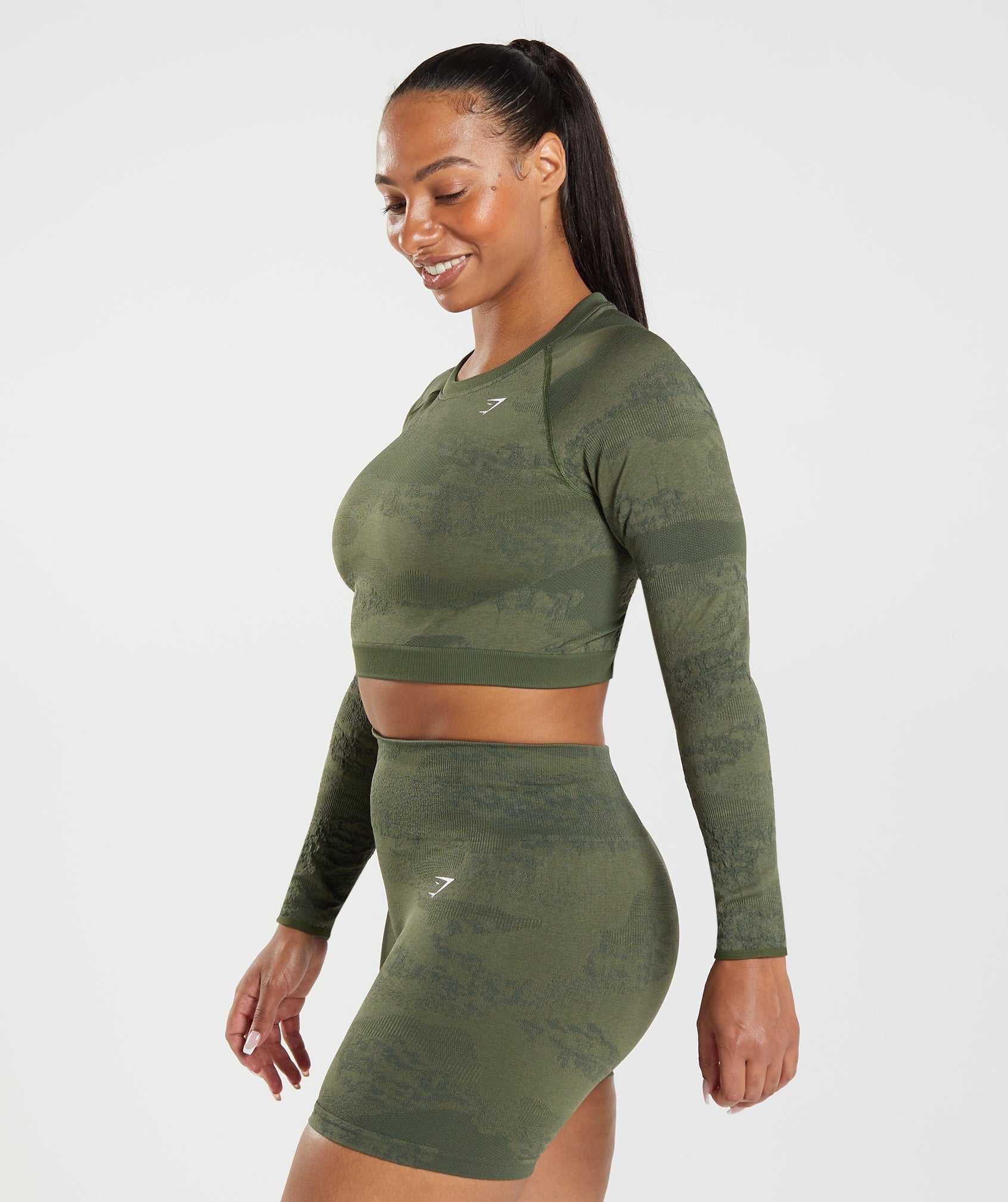 Olive / Olive Gymshark Adapt Camo Seamless Lace Up Back Women's Tops | BGUQLJ743