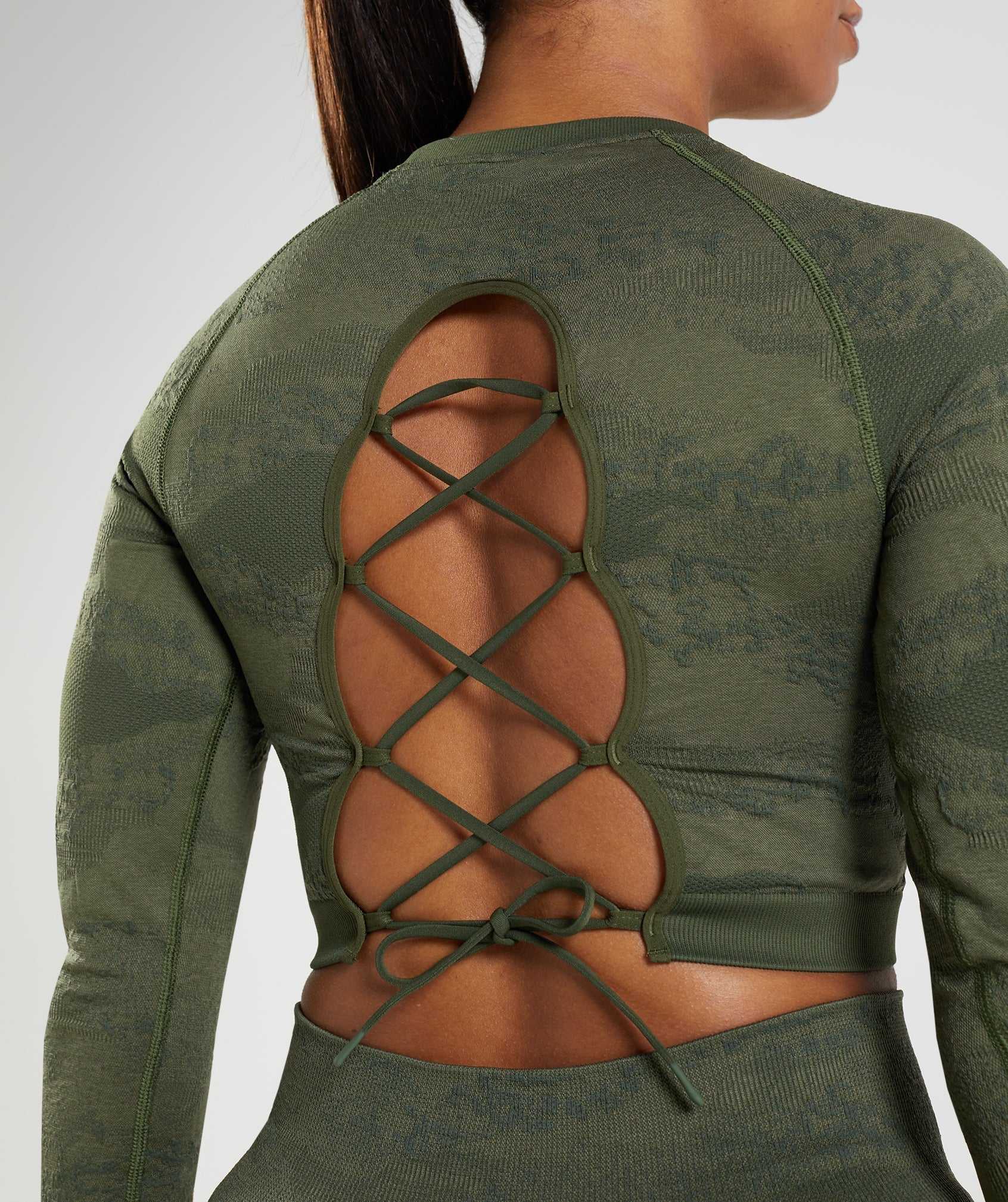 Olive / Olive Gymshark Adapt Camo Seamless Lace Up Back Women's Tops | BGUQLJ743