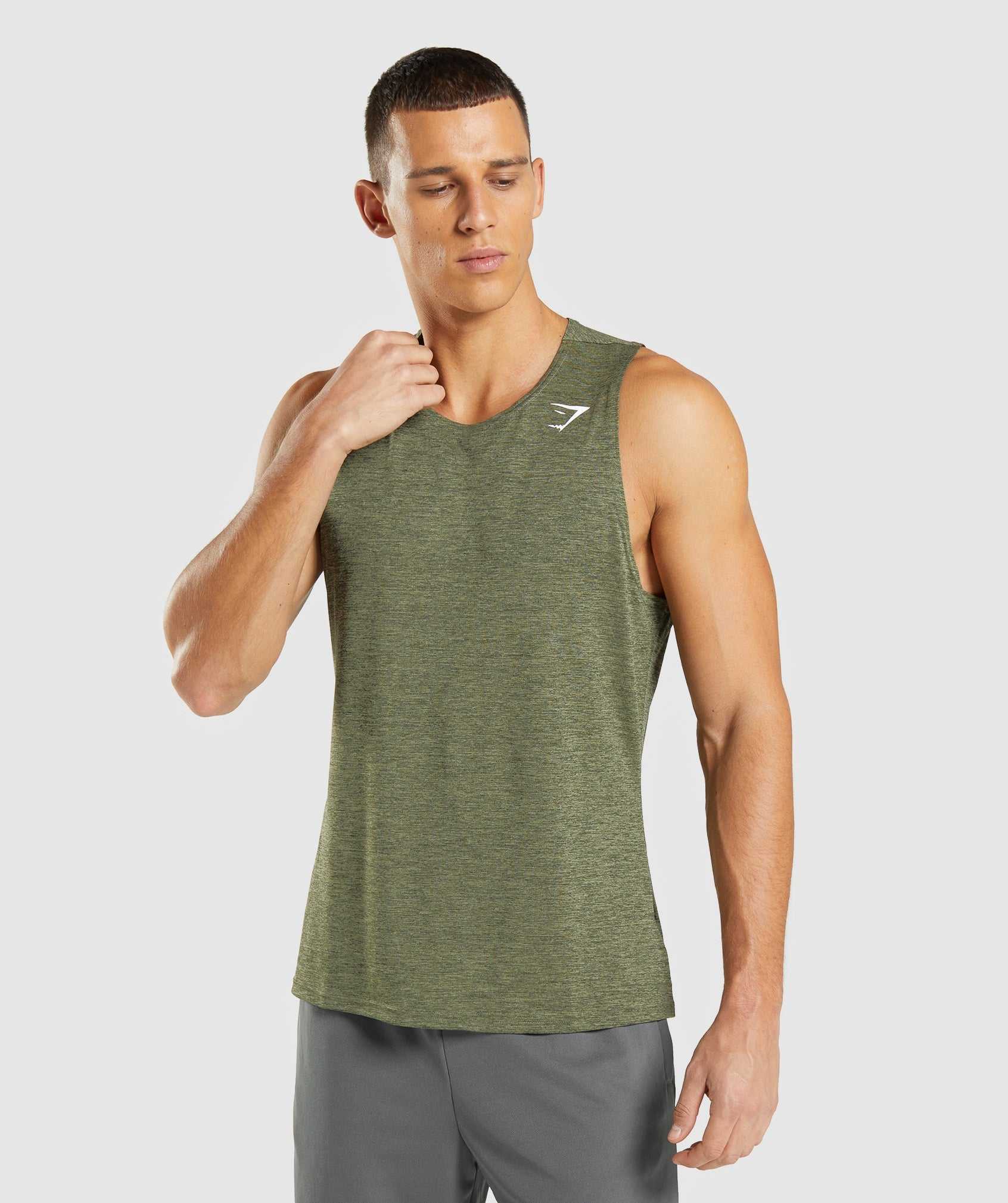 Olive / Olive Gymshark Arrival Slim Marl Men\'s Tanks | IMJNHT538