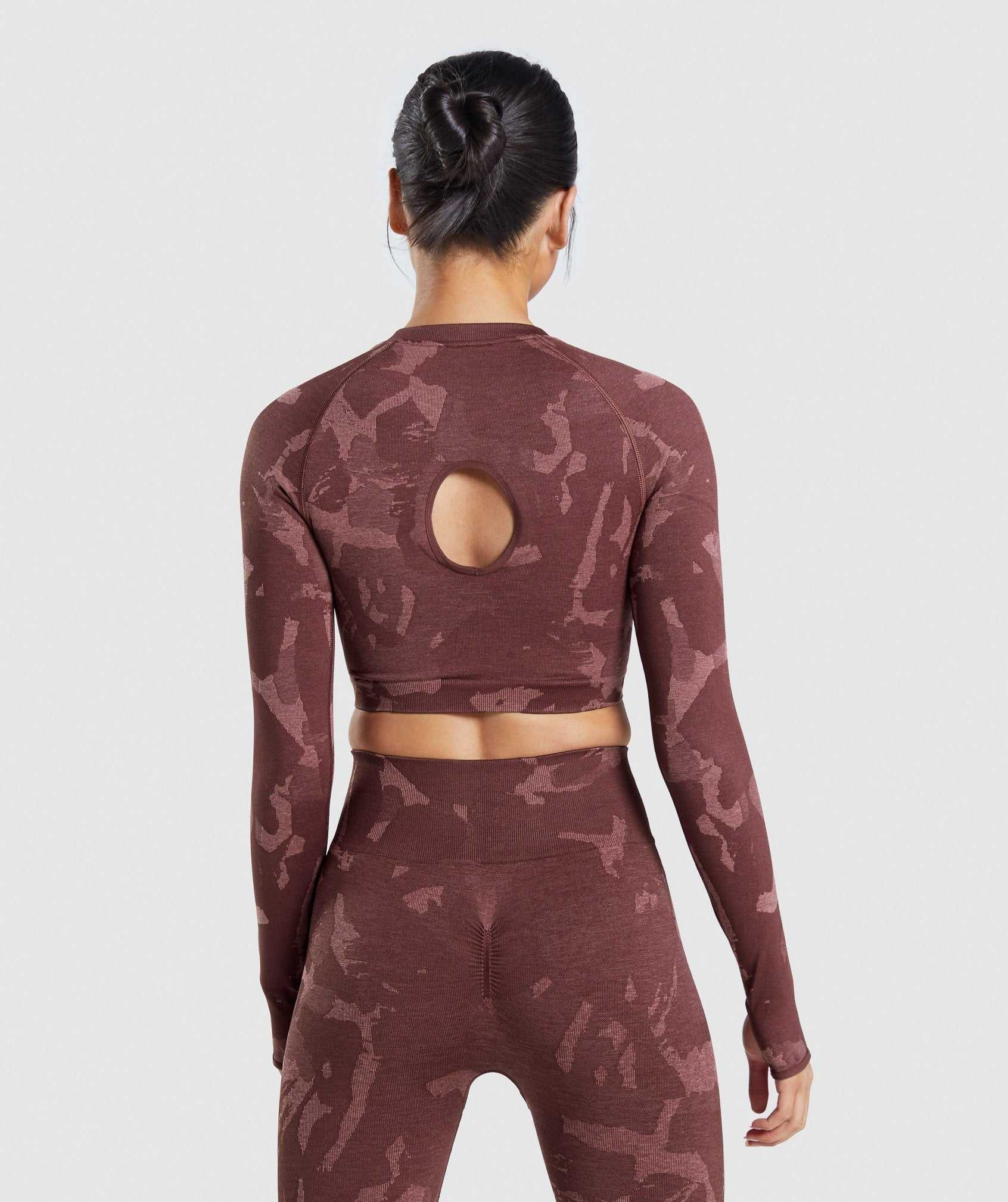 Pink Brown Gymshark Adapt Camo Seamless Long Sleeve Crop Women's Tops | CXQYVO965