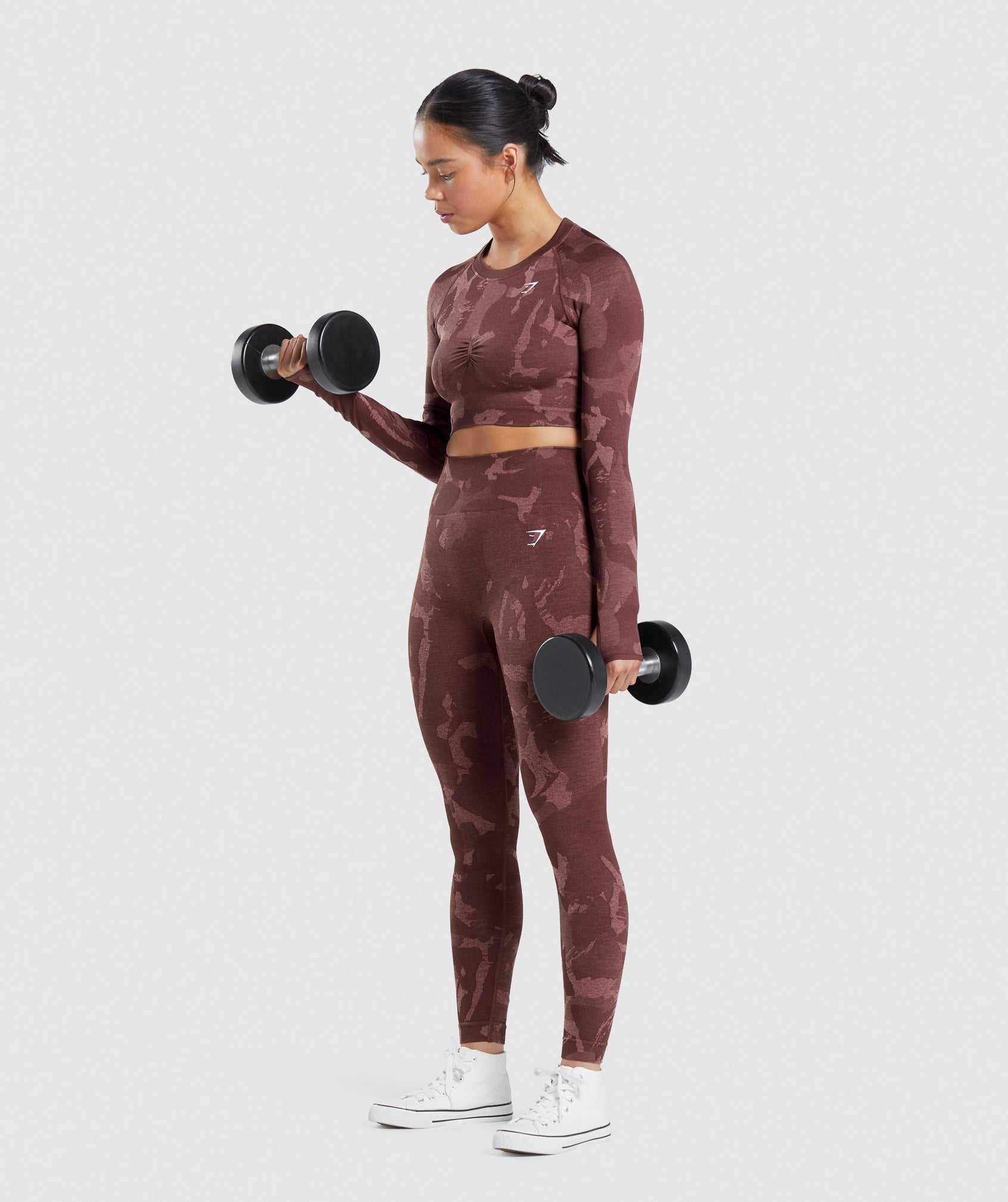 Pink Brown Gymshark Adapt Camo Seamless Long Sleeve Crop Women's Tops | CXQYVO965