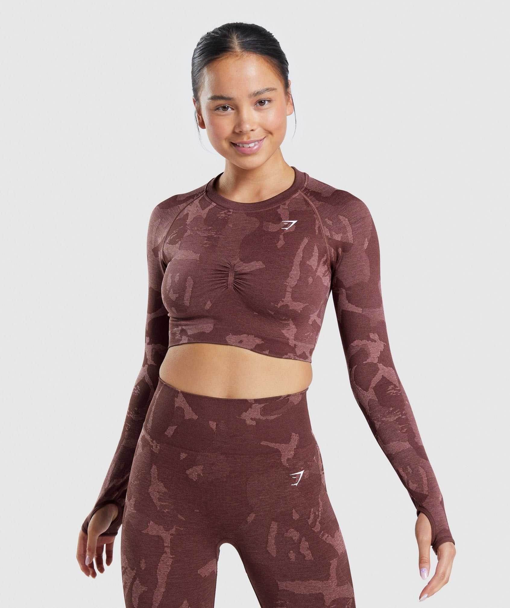 Pink Brown Gymshark Adapt Camo Seamless Long Sleeve Crop Women\'s Tops | HDASZX027