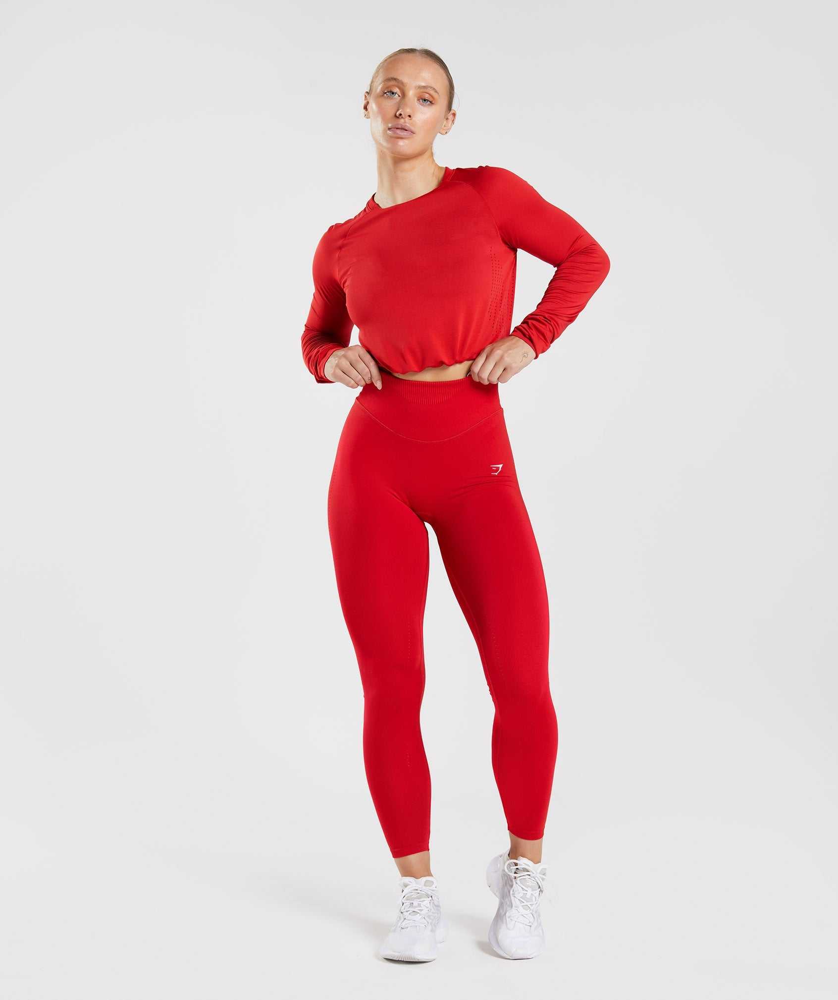 Red Gymshark Sweat Seamless Long Sleeve Crop Women's Tops | TAVQWM084