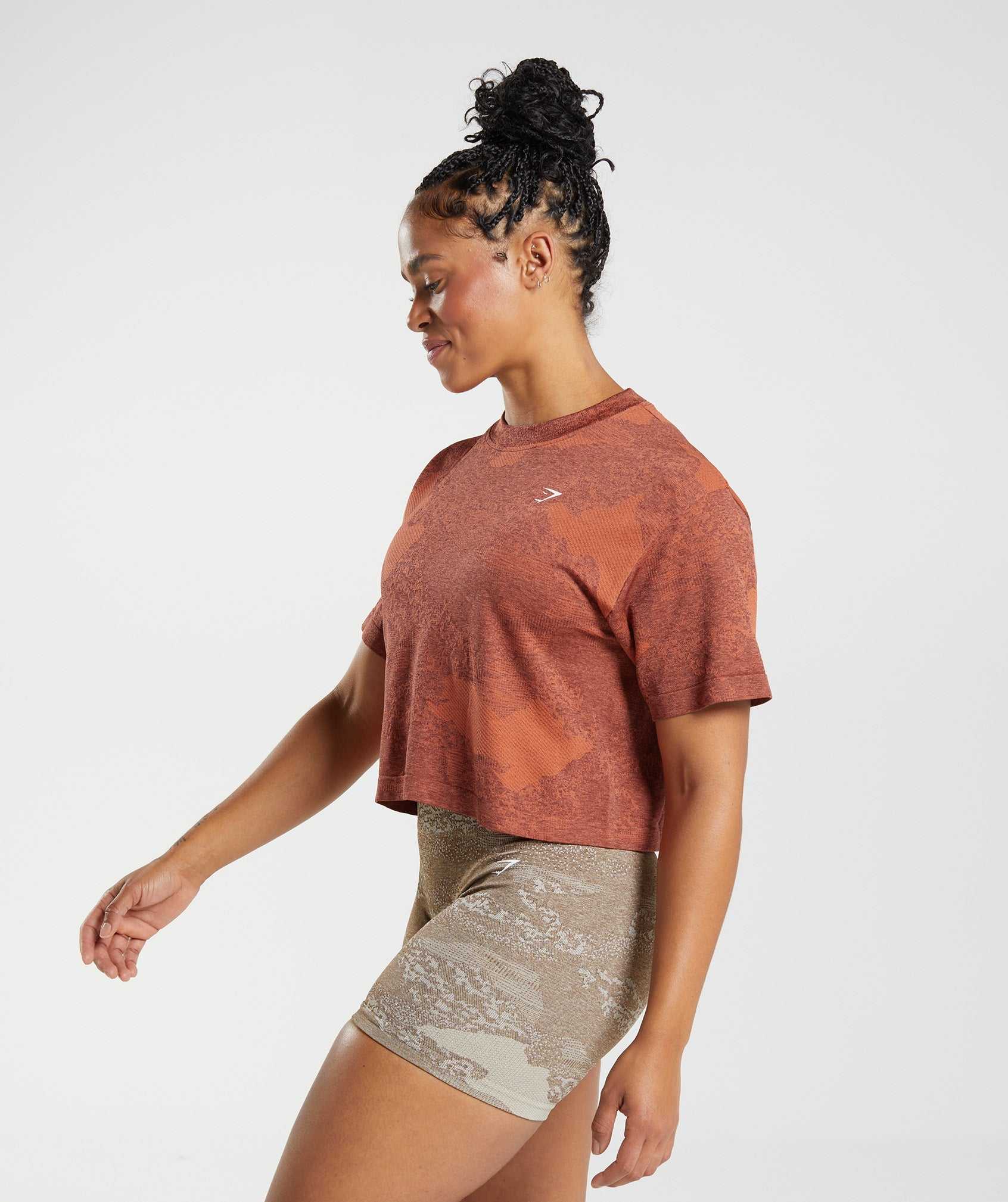 Red / Pink Brown Gymshark Adapt Camo Seamless Crop Women's Tops | BXINVM943