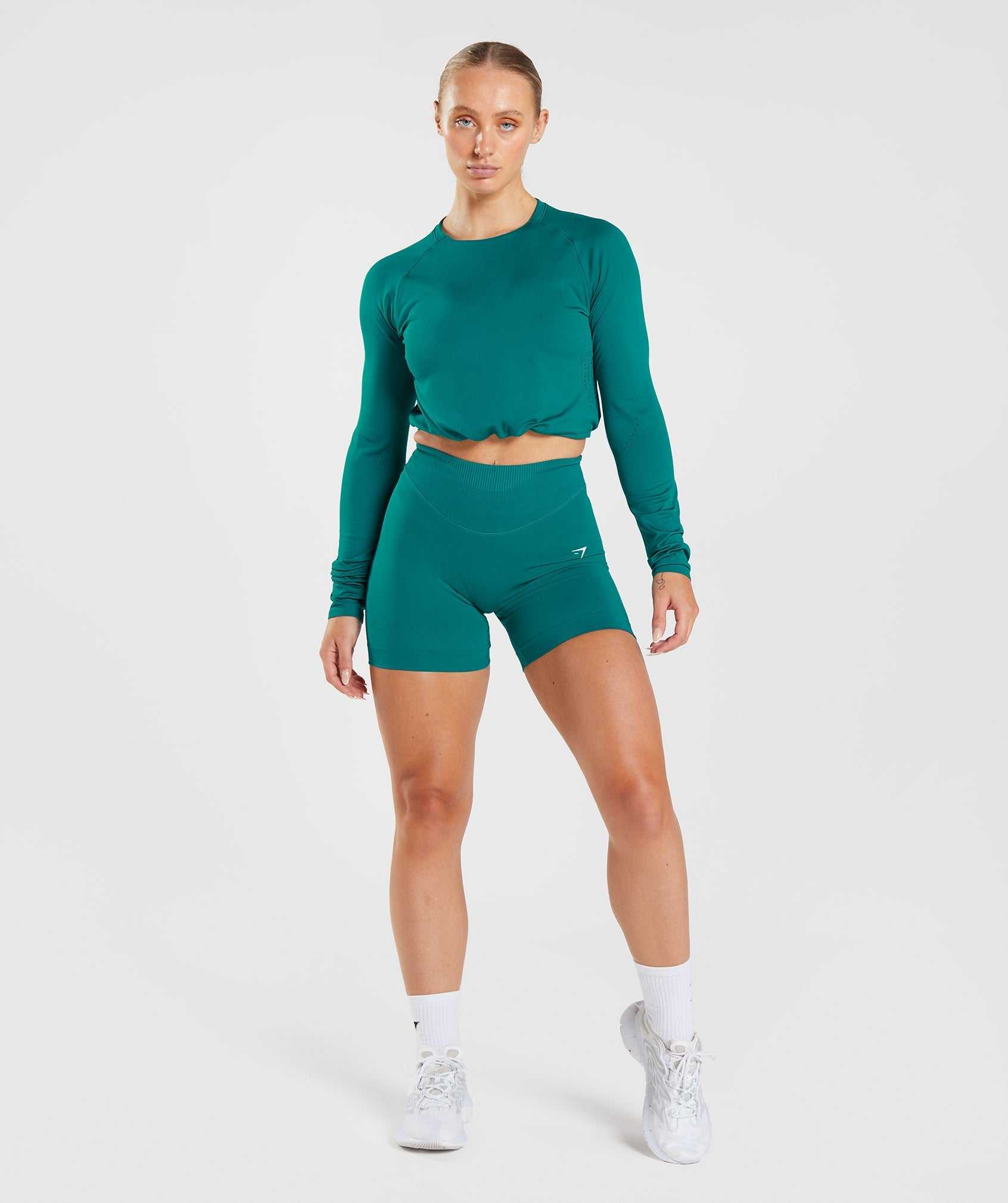 Turquoise Gymshark Sweat Seamless Long Sleeve Crop Women's Tops | CVAMTW904