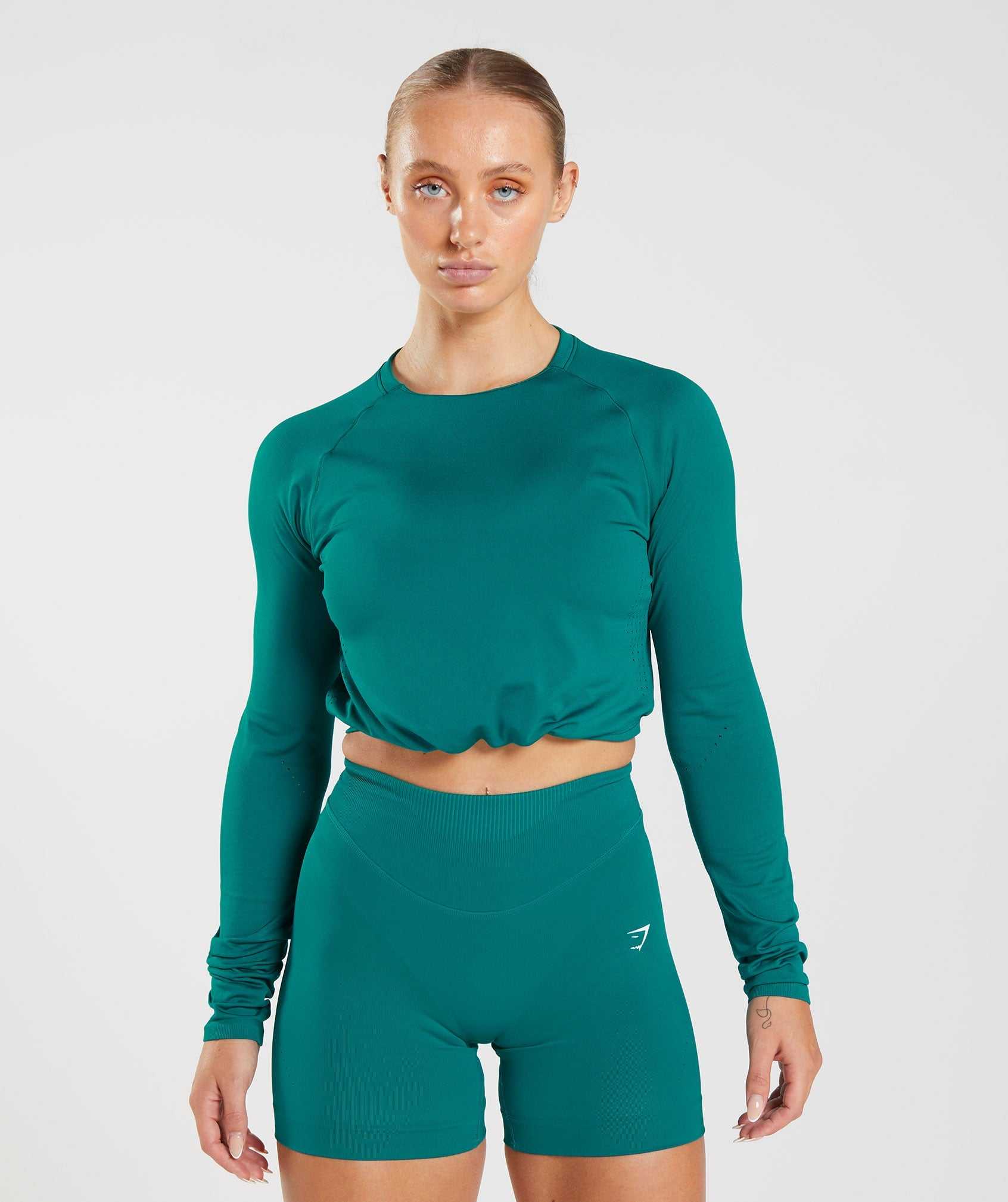 Turquoise Gymshark Sweat Seamless Long Sleeve Crop Women's Tops | CVAMTW904