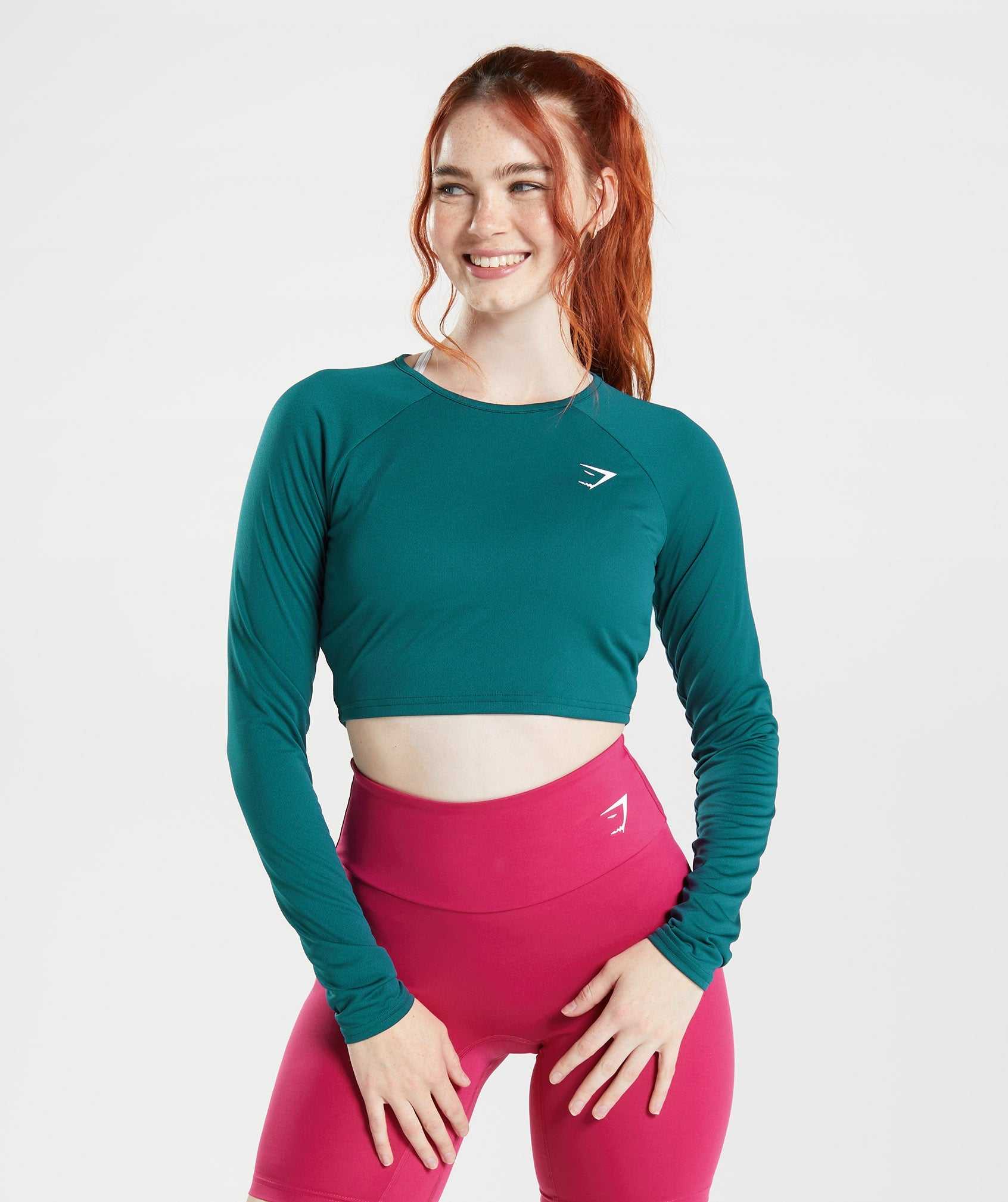 Turquoise Gymshark Training Long Sleeve Crop Women\'s Tops | VFQRBO427