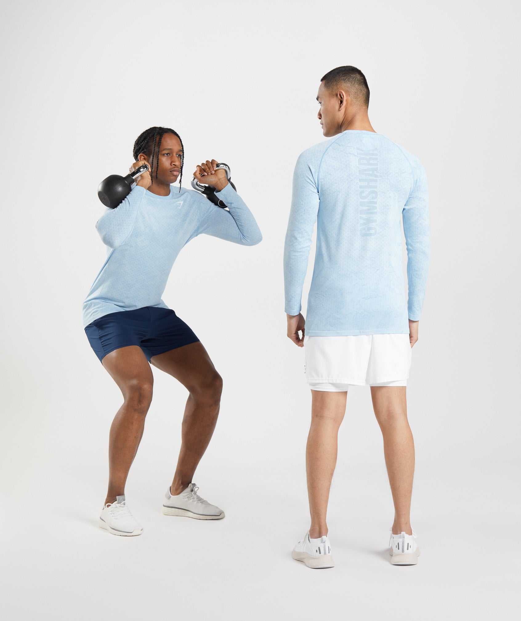 White / Blue Gymshark Geo Seamless Long Sleeve Men's T Shirts | MZUTYI721