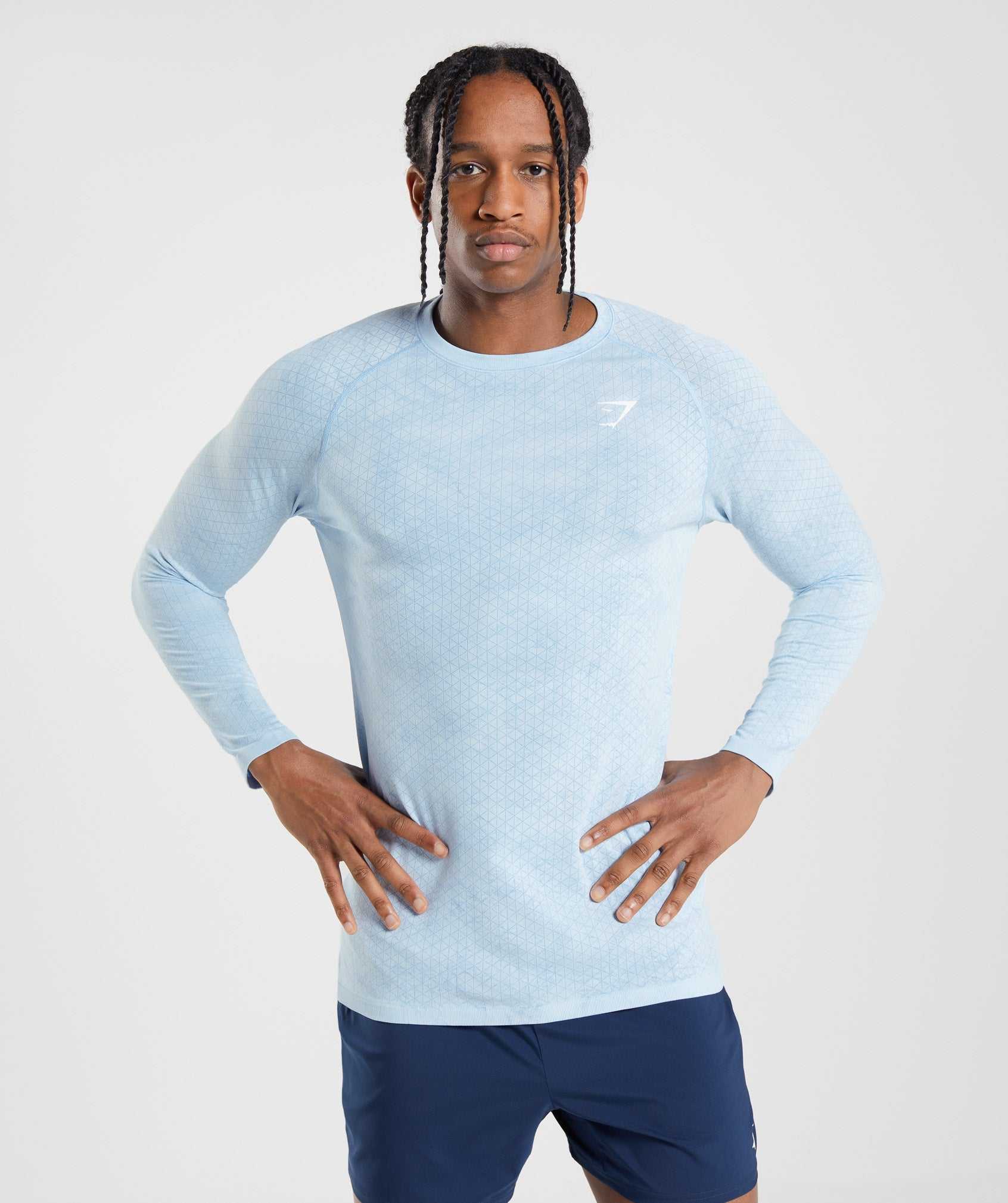 White / Blue Gymshark Geo Seamless Long Sleeve Men\'s T Shirts | MZUTYI721