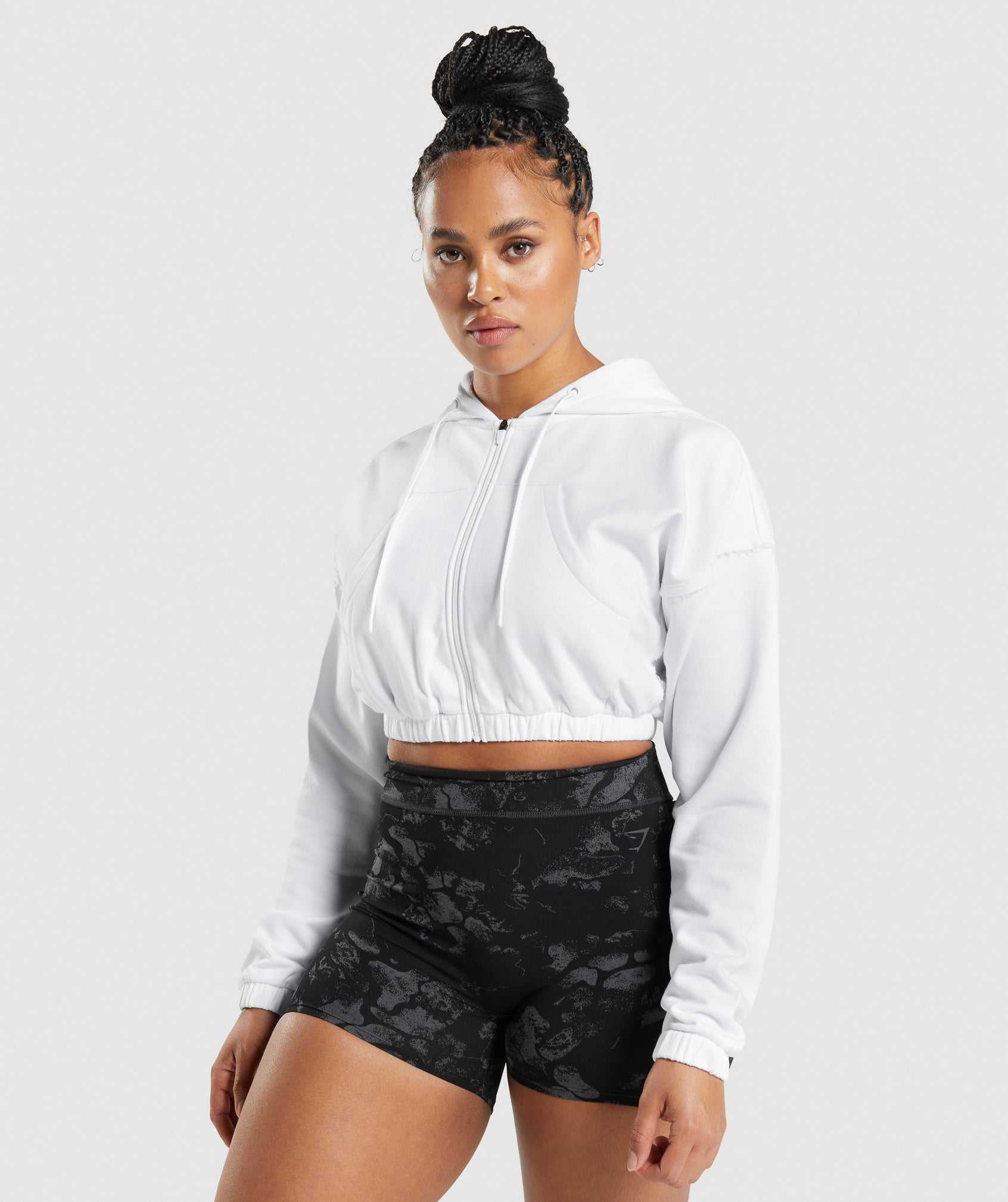 White Gymshark KK Fit Zip-Up Cropped Women's Hoodie | WUQFTD387