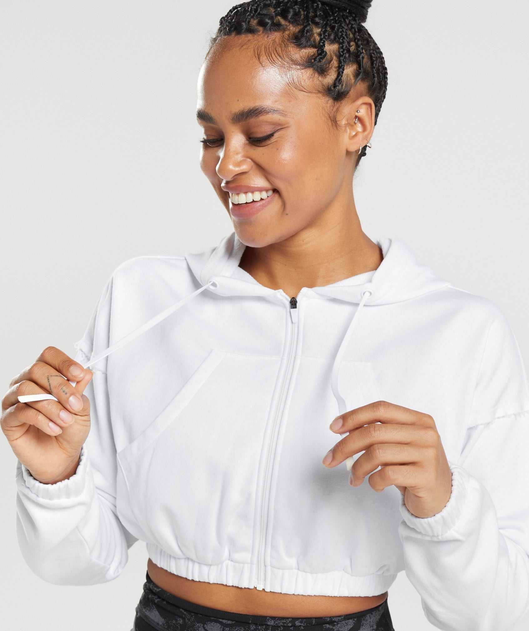 White Gymshark KK Fit Zip-Up Cropped Women's Hoodie | WUQFTD387