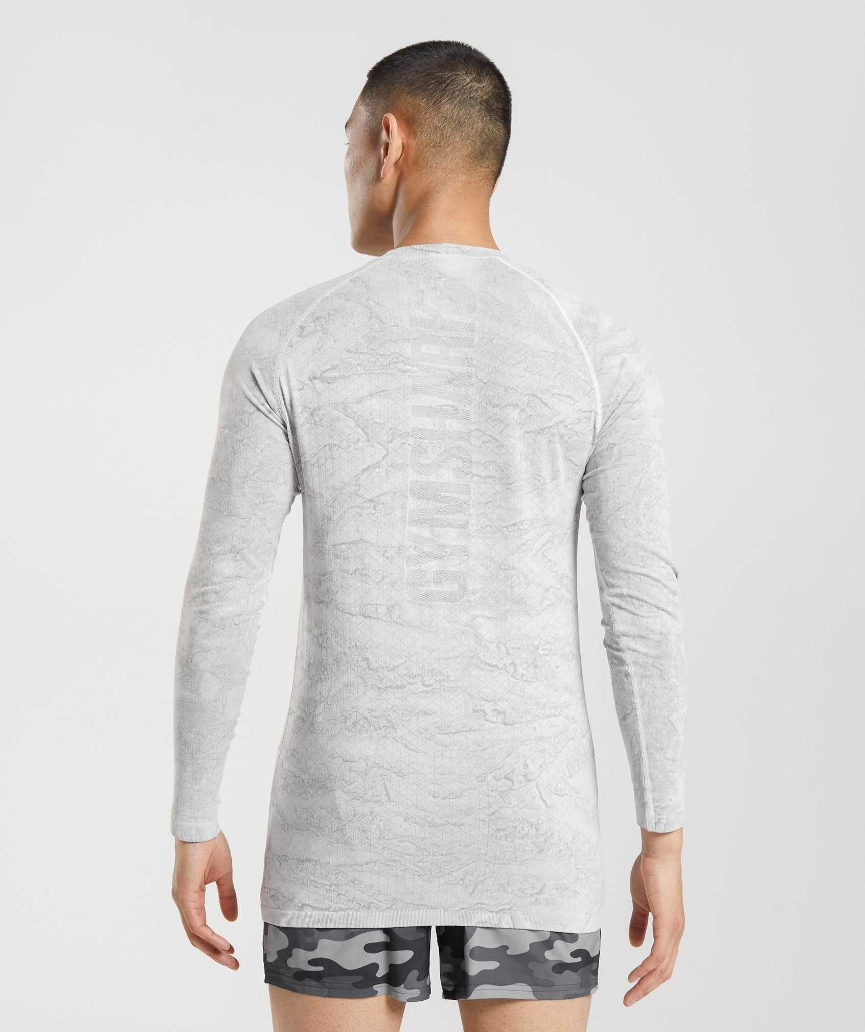 White / Light Grey Gymshark Geo Seamless Long Sleeve Men's T Shirts | XRTGJN519