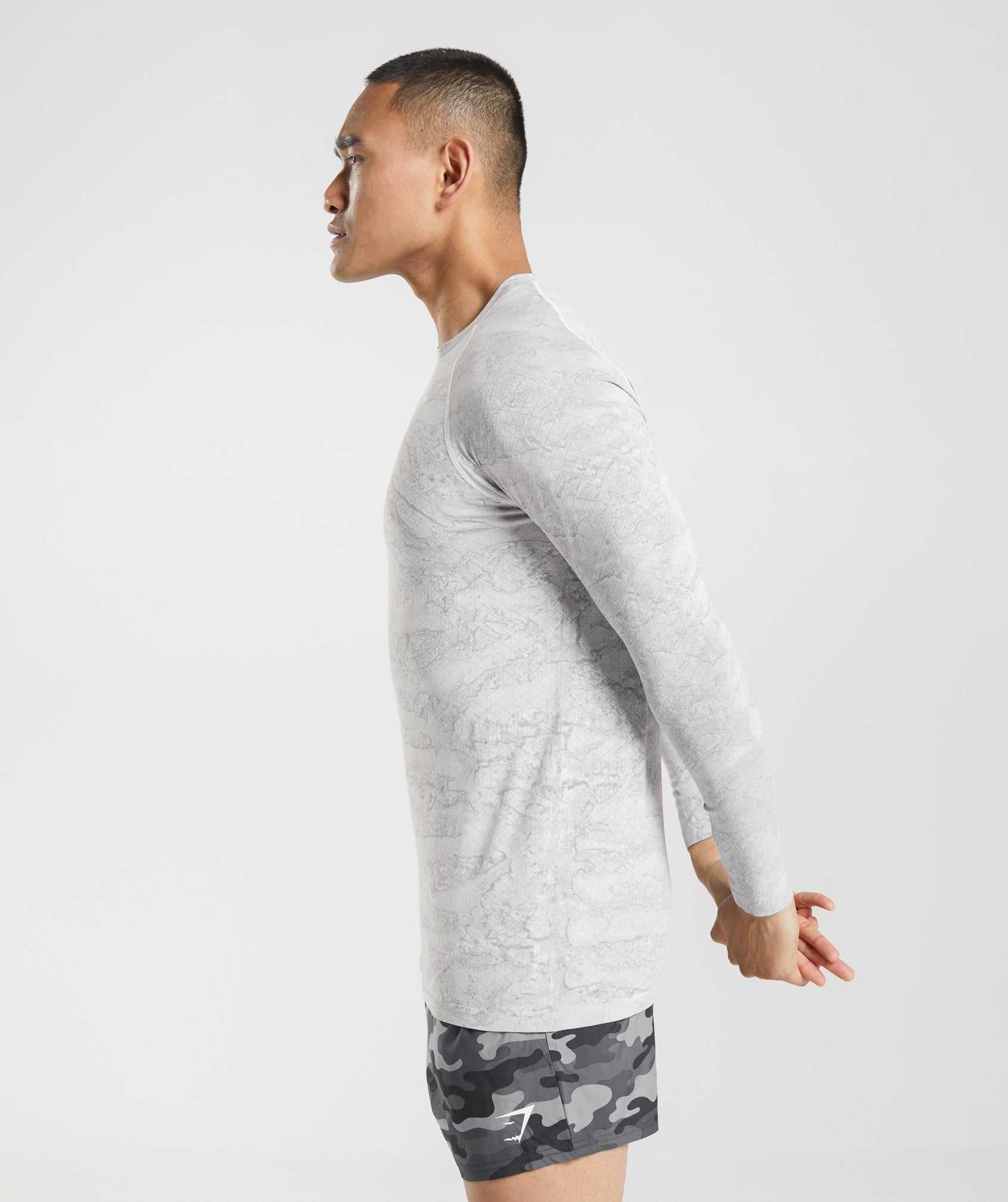 White / Light Grey Gymshark Geo Seamless Long Sleeve Men's T Shirts | XRTGJN519