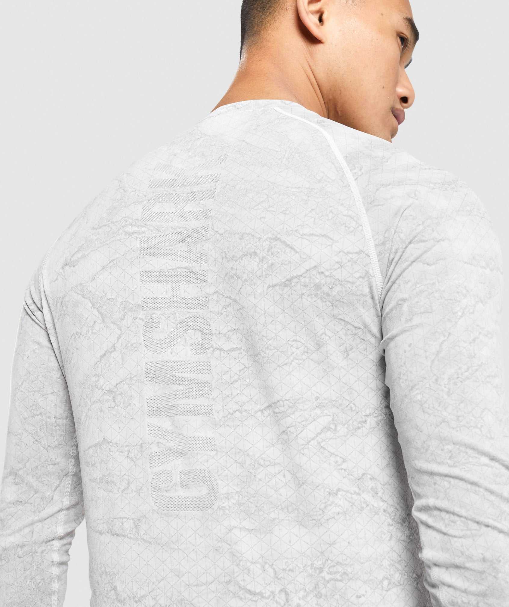 White / Light Grey Gymshark Geo Seamless Long Sleeve Men's T Shirts | XRTGJN519